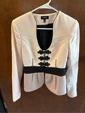 NISSA Light Pink Blazer with Black Trim and Decorative Frogs